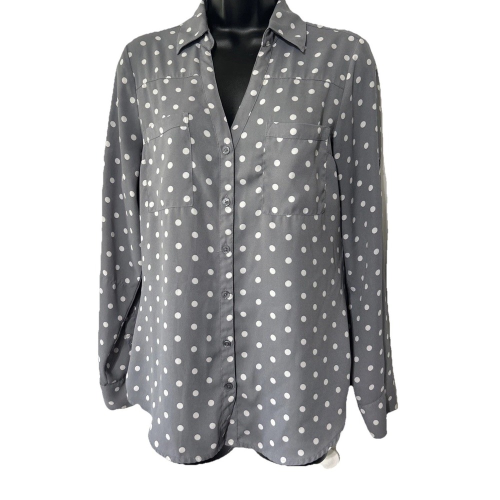 Express Portofino Women's Shirt Button Front Gray White Polka Dot Size S